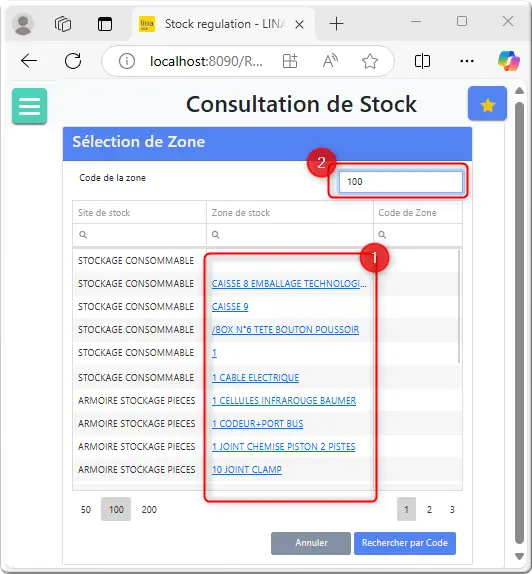 Stock Code de la zone